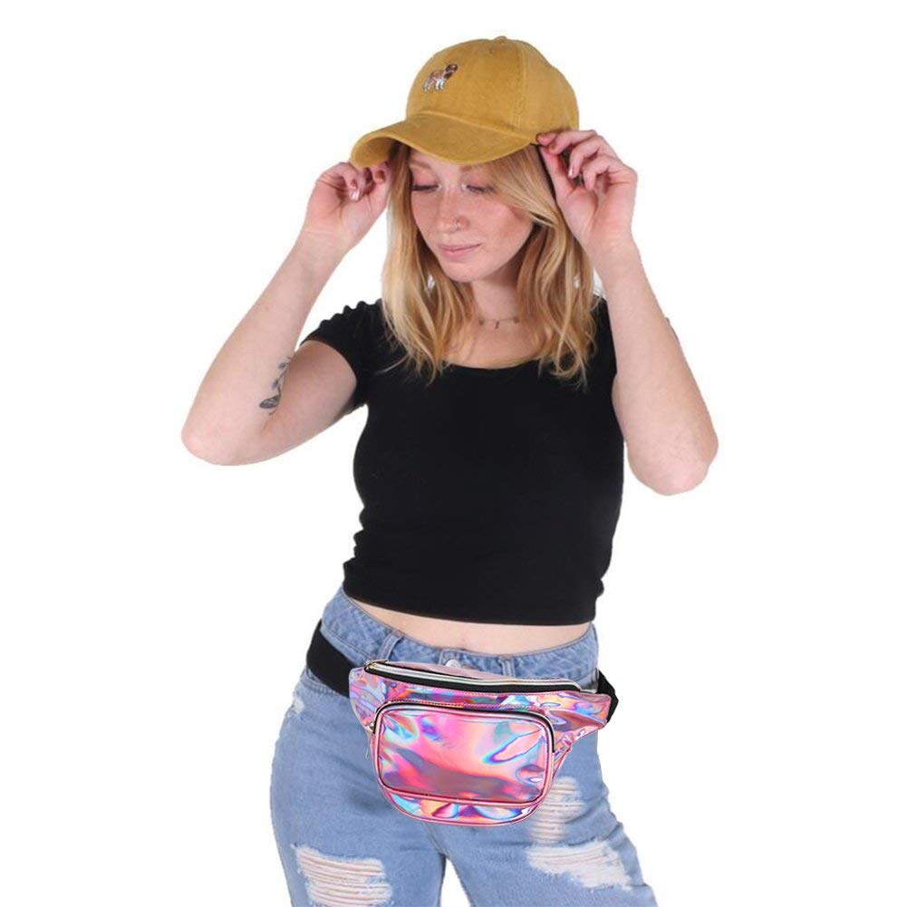 Holographic Fanny Pack for Women Men, Water Resistant Crossbody Waist Bag Pack with Multi-Pockets Adjustable Belts