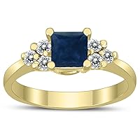 SZUL Princess Cut 5X5MM Sapphire and Diamond Duchess Ring in 10K Yellow Gold