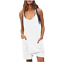 Women's Cotton Linen Rompers Shorts Baggy Overalls Summer Casual Jumpsuit Solid Spaghetti Strap Romper with Pocket