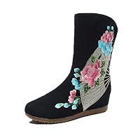 Women and Ladies Fan Embroidery Mid-Calf Boots Wedge Ankle Boot Shoes