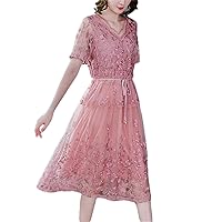 Embroidery Floral Silk Midi Dress for Women Summer Short Sleeve V-Neck Dress Vintage Party Dress