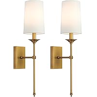 TERLEENART Hardwired Fabric Wall Sconces Set of 2, Mid Century Candlestick Style Wall Light Fixtures with Pure White Cylindrical Shade and Antique Brass Long Slim Stem,for Bathroom Bedroom Living Room