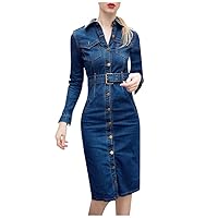 2024 Womens Casual Denim Pencil Dress Button Down Lapel Long Sleeve Belted Waist-Defined Jean Dresses with Pockets