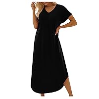 Short Sleeve Tshirt Dress for Women Casual V Neck Long Maxi Dresses Summer Loose Fit Basic Solid Color Beach Sundress
