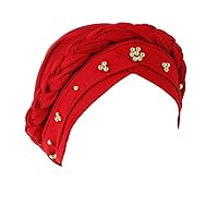 Chemo Cancer Turbans for Women Braid Beading Pearl Turban Cap Headwrap Head Scarf (Red Wine)