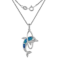 Sterling Silver Synthetic Opal Dolphin in Loop Necklace in Blue & Pink CZ Accent 1 3/8 inch Rope Chain