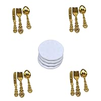 Miniature Plates Set Dollhouse Mini Porcelain Plate with Slicer Forks Spoons Dollhouse Accessories Gold Home Decoration Accessories