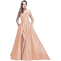 Strapless Sweetheart Evening Dresses Satin High Slit with Pocket Long Prom Dress