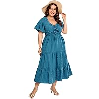 IMEKIS Plus Size Sweetheart Neckline Summer Dress for Women Short Sleeve Drawstring Tiered Midi Dresses with Pockets