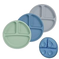 3pcs Toddler Plates with Suction, 100% Safe BPA Free Soft Toddler Plates Silicone Divided Plates, Portable Dinner Plates for Kids, Dishwasher, Microwave and Oven Safe (Blue+Gray+Green)