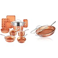 Gotham Steel Hammered Copper Collection – 15 Piece Premium Cookware & 14” Nonstick Fry Pan with Lid – Hammered Copper Collection, Premium Aluminum Cookware with Stainless Steel Handles Dishwasher
