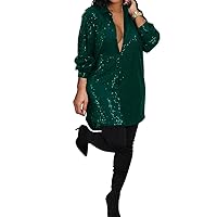 Women Sparkly Plus Size Lapel Button Down Shirt Dress Sequin Glitter Long Sleeve Mini Dresses