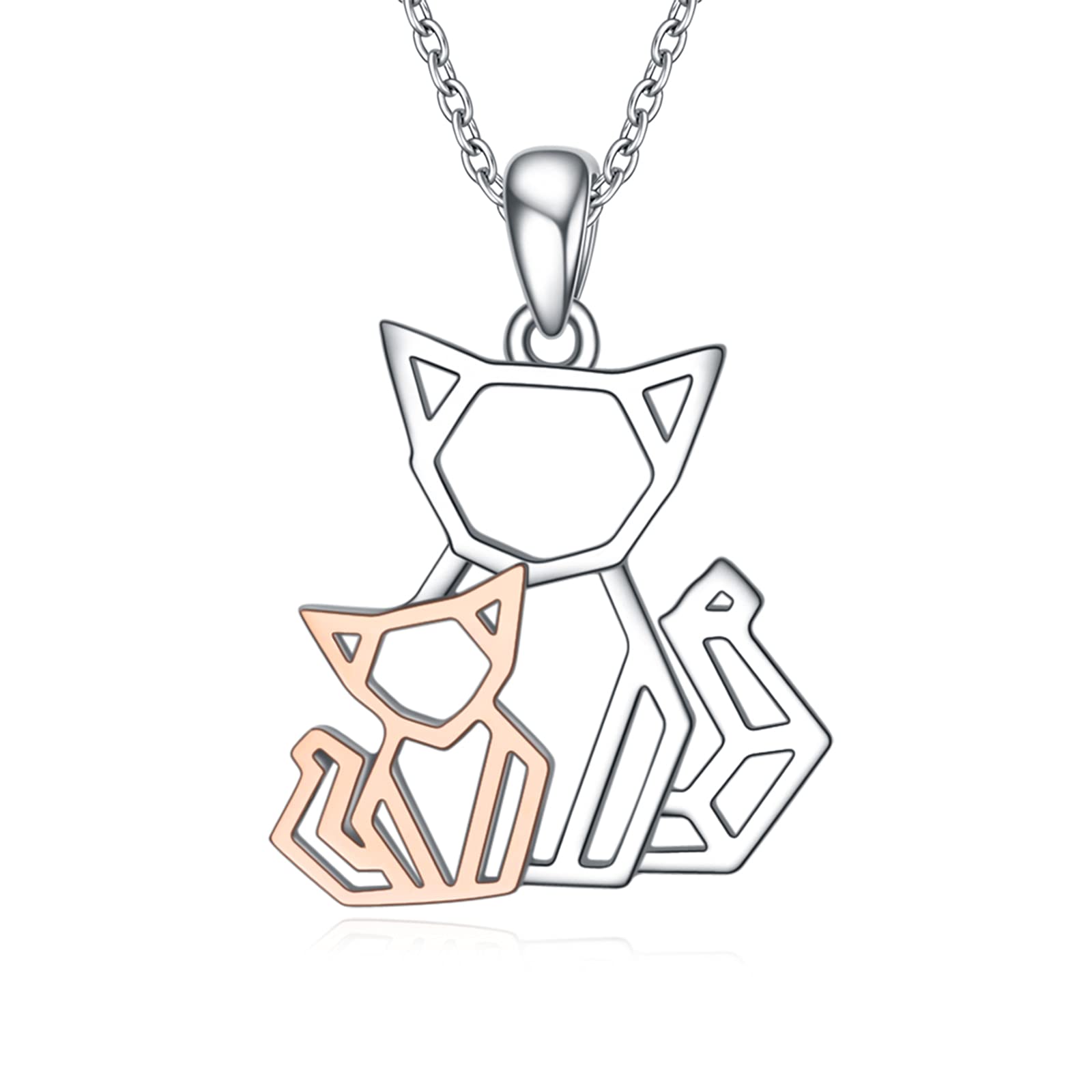 Angel caller Cat Necklaces 925 Sterling Silver Jewelry Cute Double Two-Tone Cat Pendant Cubic Zirconia Necklace Rolo Chain,Eternal Love Heart Necklace for Women,Girls