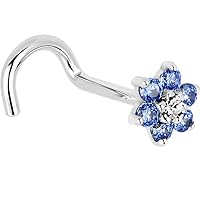 Body Candy Solid 14k White Gold Arctic Blue and Clear Cubic Zirconia Flower Right Nose Stud Screw 18 Gauge