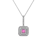 Princess Pink Sapphire & Natural Diamond Double Halo Pendant 0.36 ctw 14K White Gold. Included 18 Inches Chain