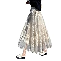Embroidered Lace Pleated Skirt Women Autumn High Waist Long Tulle Korean Ruffle Large Swing