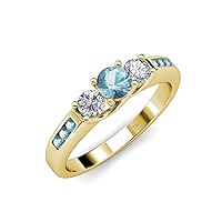 Round Aquamarine & Diamond Women Three Stone Engagement Ring with Aquamarine on Side Bar 0.78 ctw 14K Gold