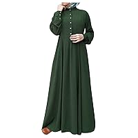 Muslim Abaya for Women Dubai Long Sleeve Shift Tank Ladies Holiday Beautiful College Soft V Neck Cotton Comfy Plain Button-Down Tunic Dress for Women Green