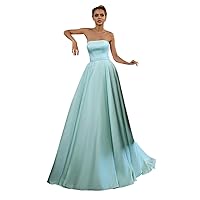 Women's Simple Prom Party Dresses Long Satin Strapless Wedding Guest Gowns