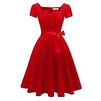 Women's Classic Tea Dress Short Sleeve Swing Cocktail Party Dresses with Pockets