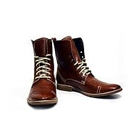 PeppeShoes Modello Florenze - Handmade Italian Mens Color Brown High Boots - Cowhide Smooth Leather - Lace-Up