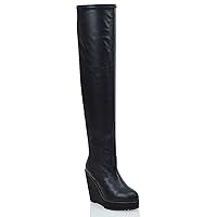 Womens Synthetic Stretch Over The Knee Thigh High Platform Wedge Heel Boots