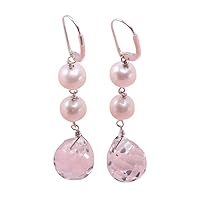 Crystal Dangle Earrings 7.5mm White Freshwater Pearl and White Drop-Shaped Crystal Leverback Earrings
