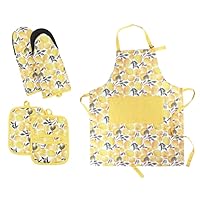 Oven Mitts, Apron and Pot Holders 5 Piece Set | Heat Resistant Gloves | Apron with Pockets | Accessories for Kitchen and Baking | Yellow Lemon Design