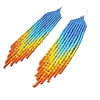Handmade beaded native american style glass seed bead earrings gifts for women/teens, Medium, blue,yellow,orange