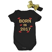 Petitebella Bling Born In 2017 Black Cotton Bodysuit Romper Set Nb-18m