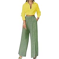Womens Summer Outfits for Work 2 Piece Cotton Linen Sets Button Shirts Slit Palazzo Pants Two Piece Outfit Trendy