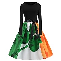 Retro St. Patrick's Day Clover Print Dresses,Women's Round Neck Long-Sleeved Contrast Color Bow Print Swing Dresses.