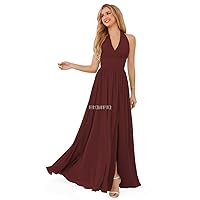 V-Neck Chiffon Ruffle Long Bridesmaid Dress with Slit Ruched A Line Formal Dresses Backless Evening Gowns