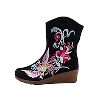 Women and Ladies Rosefinch Embroidery Mid-Calf Boots Wedge Short Boot Shoes