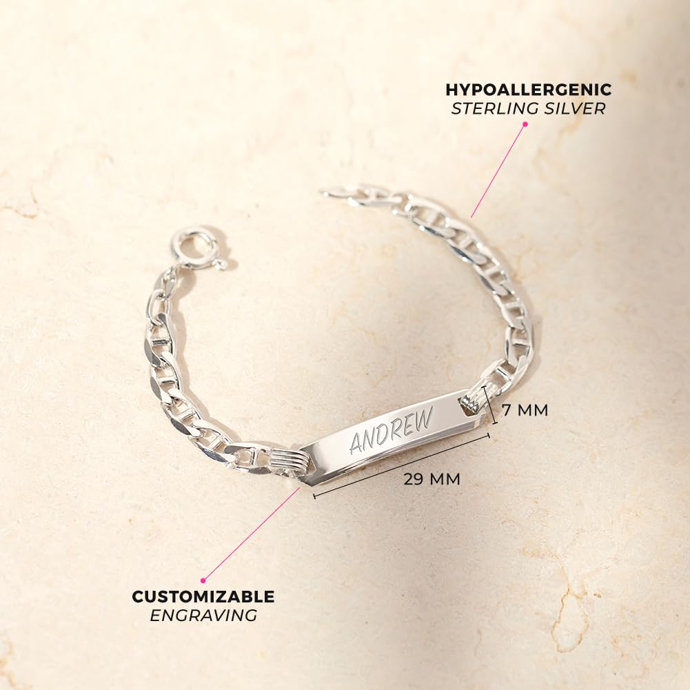 925 Sterling Silver Tag ID Identification Anchor Chain Link Bracelet For Boys & Girls - Custom Personalized Bracelet Gift Idea for Small Children - Classic Traditional Engravable Bracelet