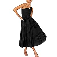 PEHMEA Womens One Shoulder Sleeveless Solid Midi Dress Summer Ruffle Hem Long Dress