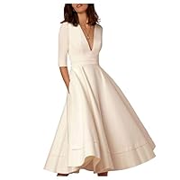A-Line Wedding Dresses V Neck Tea Length Satin Wedding Dresses Half Sleeve Casual Vintage Little White Dress 1950s