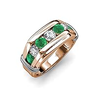 Round Emerald and Diamond 1 ctw 7 Stone Channel Set Men Wedding Ring 14K Gold