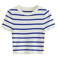 Women's Striped Short Sleeve Sweater Tops Spring Summer Knit Cropped O-Neck Casual T Shirts