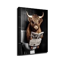 Wall Art Cow Bathroom Funny Highland Cow Reading A Newspaper on The Toilet Picture Wall Decor Animal Bathroom Canvas Painting Print Artwork (40x60cm frameless)