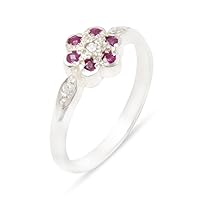 Solid 18k White Gold Natural Diamond & Ruby Womens Cluster Ring (0.05 cttw, H-I Color, I2-I3 Clarity)