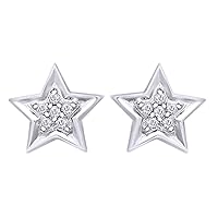 Round Shape White Natural Diamond Accent Star Stud Earrings 10K White Gold