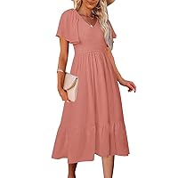 MEROKEETY Women's Summer Casual V Neck Ruffle Sleeve Smocked High Waist Midi Dress with Pockets