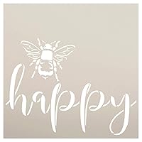 Bee Happy Stencil by StudioR12 | DIY Farmhouse Bumblebee Home & Classroom Decor | Spring Script Inspirational Word Art | Craft & Paint Wood Signs | Reusable Mylar Template | Select Size (9 x 9 inch)