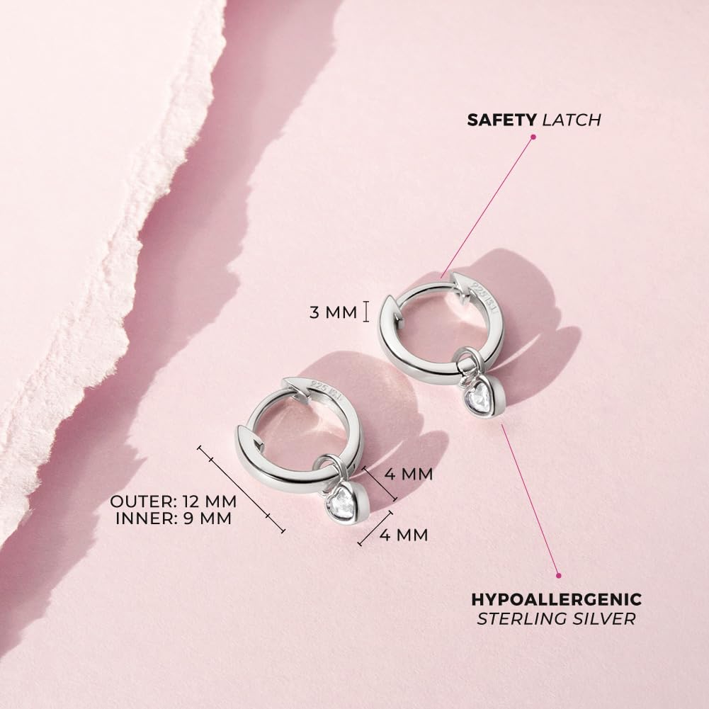 925 Sterling Silver Petite Simulated Birthstone Heart Charm Hoop Earrings For Girls 12mm - Cubic Zirconia Earrings For Girls - Beautiful Simulated Birthstone Earrings for Young Girls