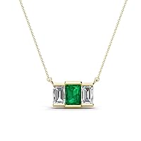 Emerald Cut (6x4 mm) Emerald & Natural Diamond 1 3/8 ctw Women Three Stone Pendant Necklace 14K Gold