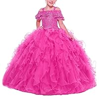 VeraQueen Girl's Off Shoulder Ruffle Pageant Dresses Lace Applique Beaded Ball Gowns Flower Girl Dress