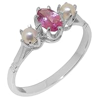 Solid 18k Gold Natural Pink Tourmaline & Cultured Pearl Womens Ring (Yellow, Rose, White Gold options) - Sizes 4 to 12 Available