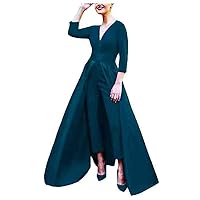 Women's Long Sleeve Satin Jumpsuits Prom Dress Removable Waist Cape Ball Gowns