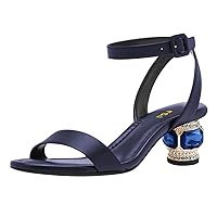 FSJ Women Crystal Low Block Chunky Heels Open Toe Ankle Strap Sandals Comfortable Wedding Party Prom Dress Summer Pump Shoes Size 4-16 US